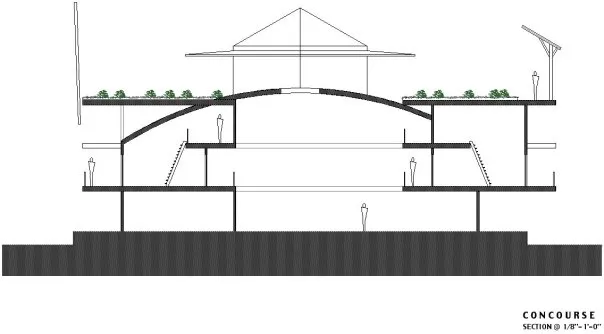 A section with upper tiers of the urban building with markets and studios on the ground floor run by the community